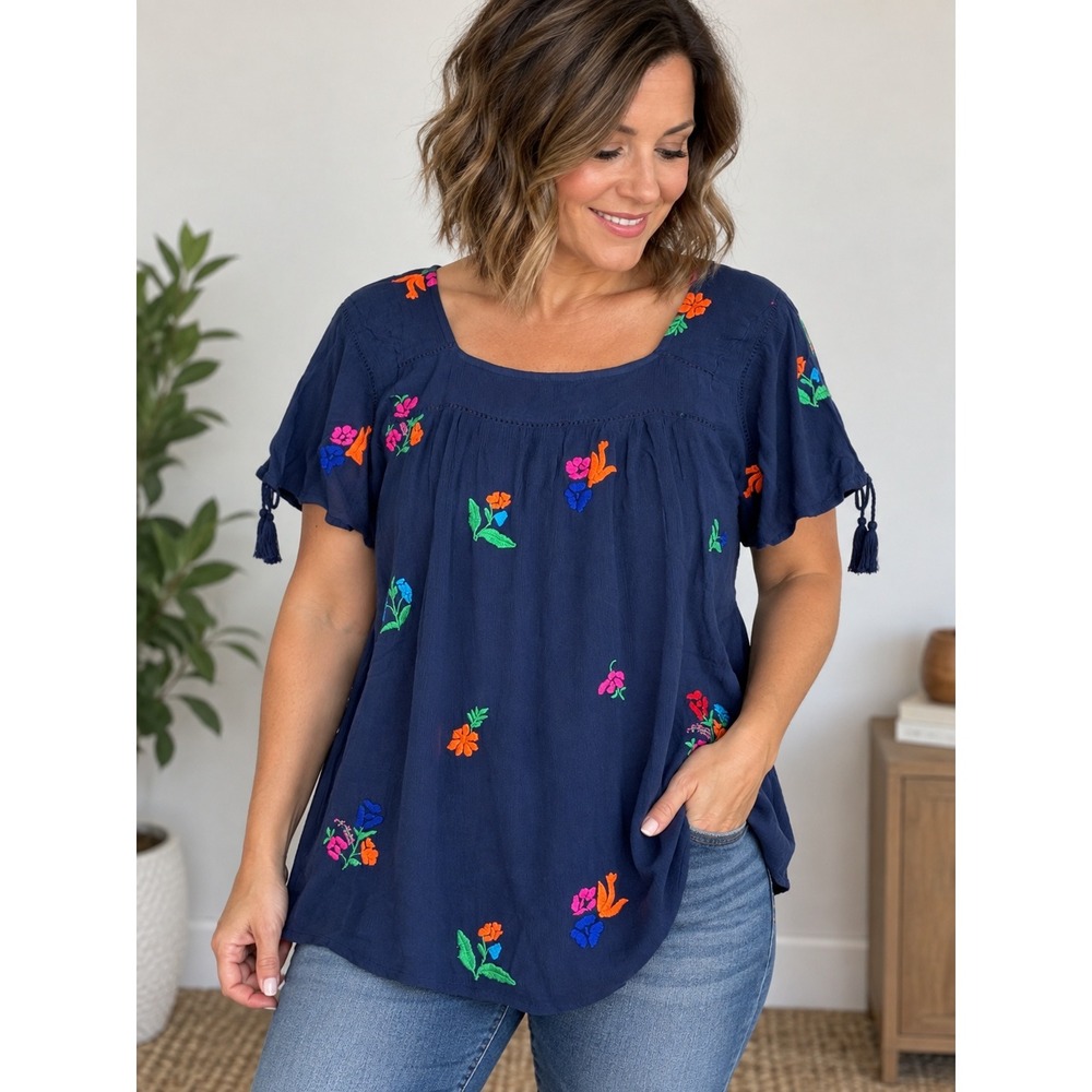 Magazine Navy Blue Floral Embroidered Tassel Sleeve Cotton Blouse M NEW Boho